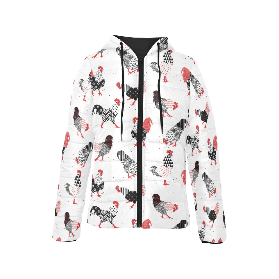 Cool rooster chicken cock floral ornament backgrou Women's Padded Hooded Jacket