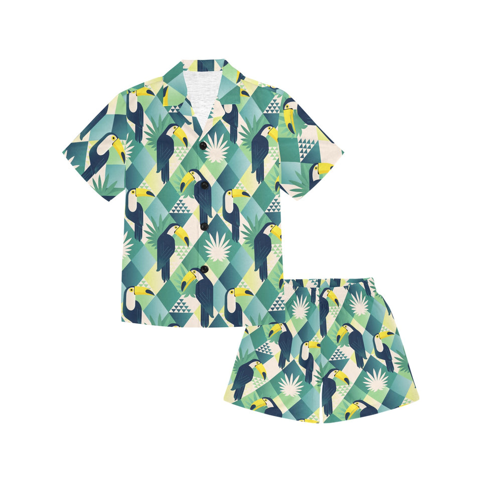 Toucan tropical leaves design pattern Kids' Boys' Girls' V-Neck Short Pajama Set