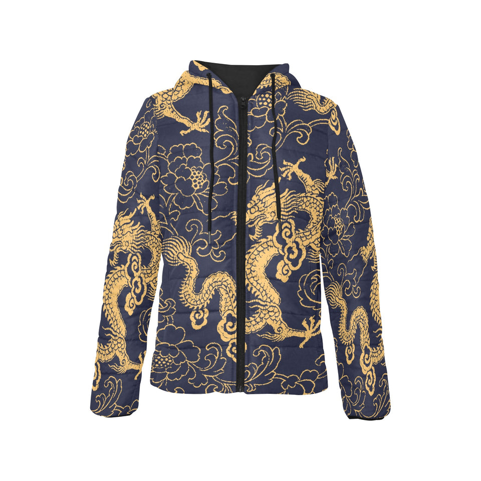 Gold dragon pattern Women's Padded Hooded Jacket