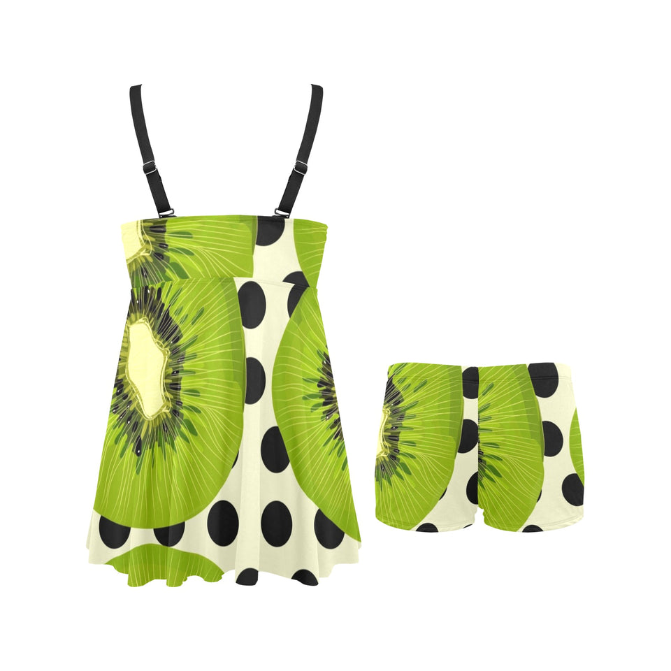 kiwi black dot background Chest Sexy Pleated Two Piece Swim Dress