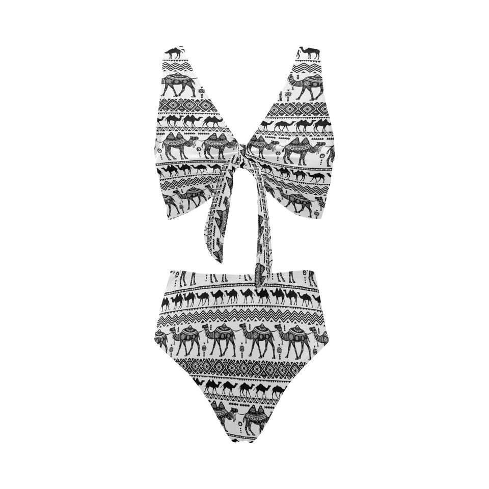 Camel polynesian tribal pattern Chest Bowknot High Waisted Bikini Swimsuit