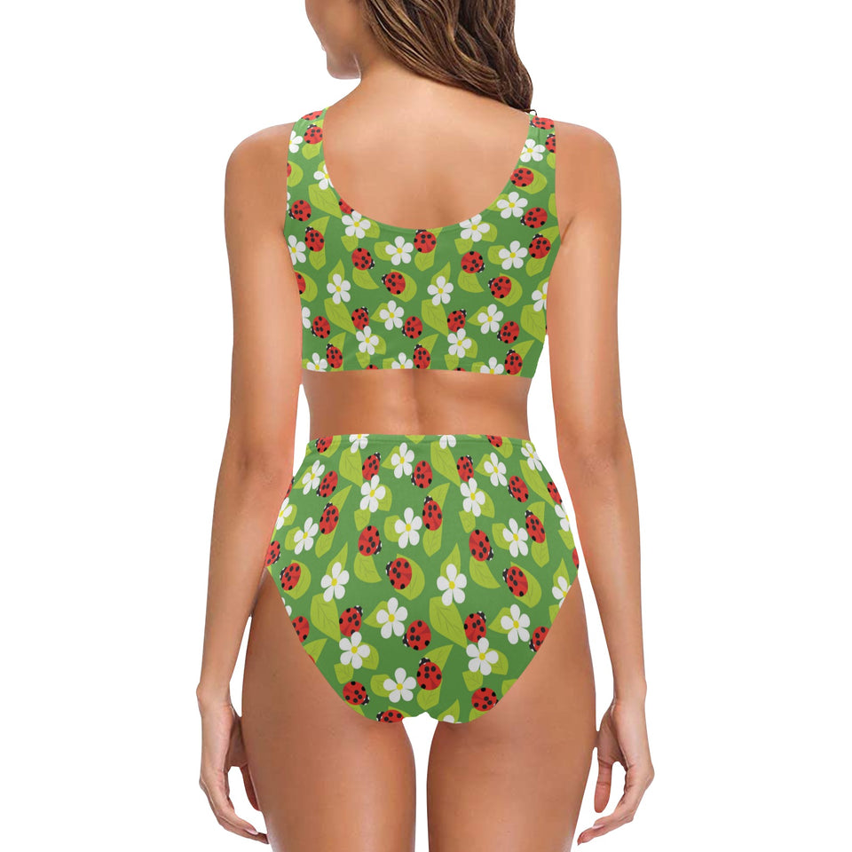 Ladybug Pattern Print Design 01 Chest Bowknot High Waisted Bikini Swimsuit