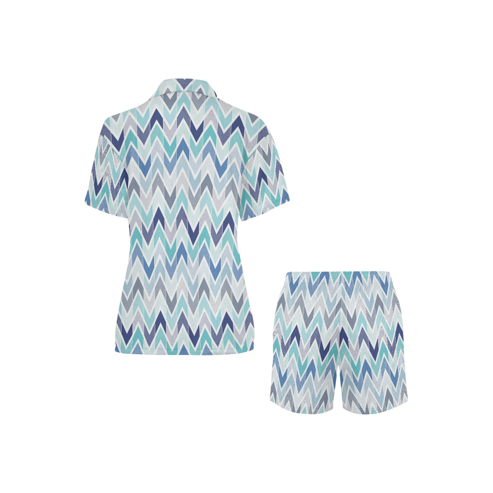 zigzag chevron blue pattern Women's V-Neck Short Pajama Set