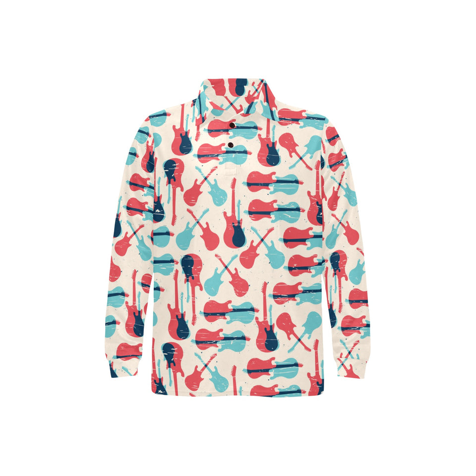 Red Blue guitar pattern Men's Long Sleeve Polo Shirt