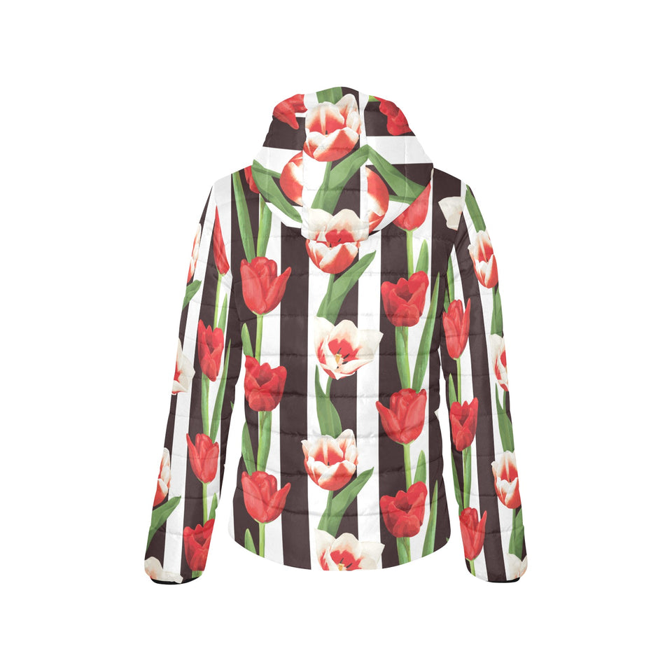 red and white tulips pattern Women's Padded Hooded Jacket