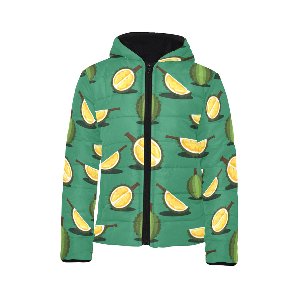Durian pattern green background Kids' Boys' Girls' Padded Hooded Jacket