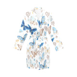 blue butterfly pattern Women's Long Sleeve Belted Night Robe