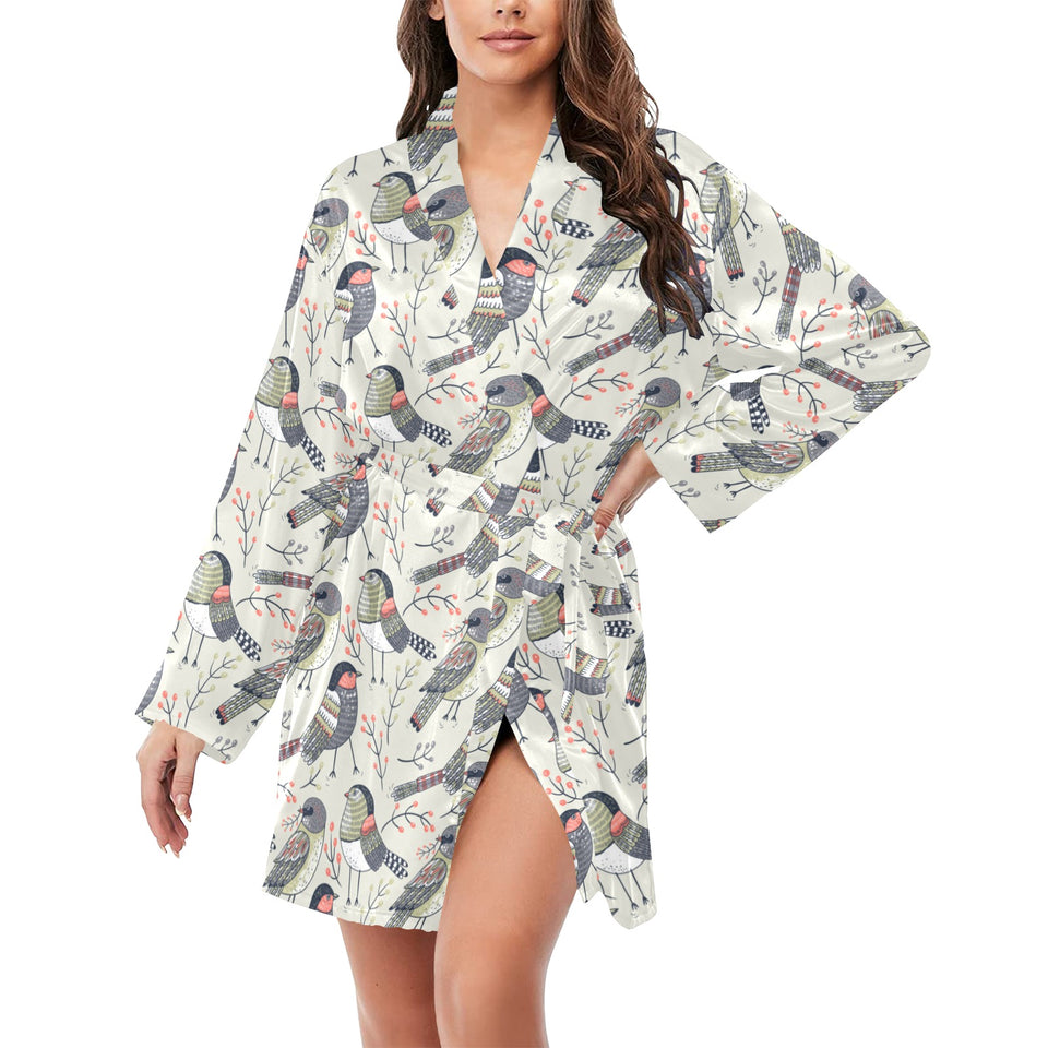 Pigeon Pattern Print Design 04 Women's Long Sleeve Belted Night Robe