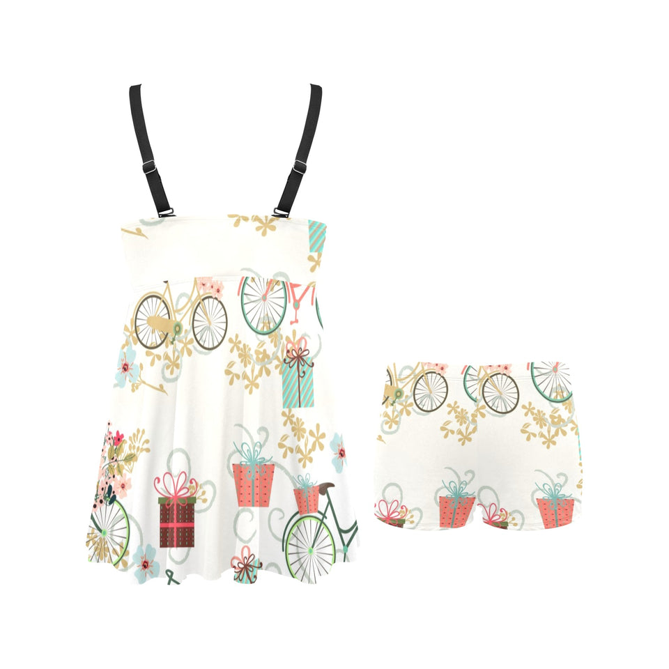 Bicycle Pattern Print Design 05 Chest Sexy Pleated Two Piece Swim Dress