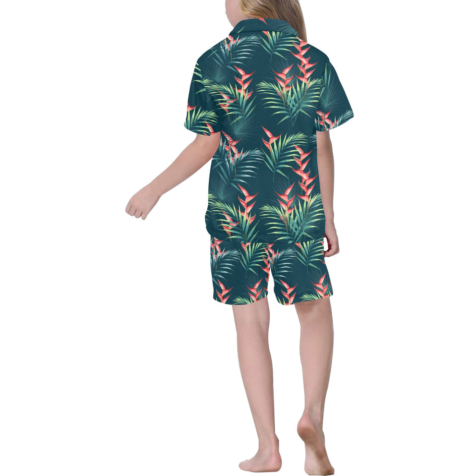 heliconia flowers, palm and monstera leaves on bla Kids' Boys' Girls' V-Neck Short Pajama Set