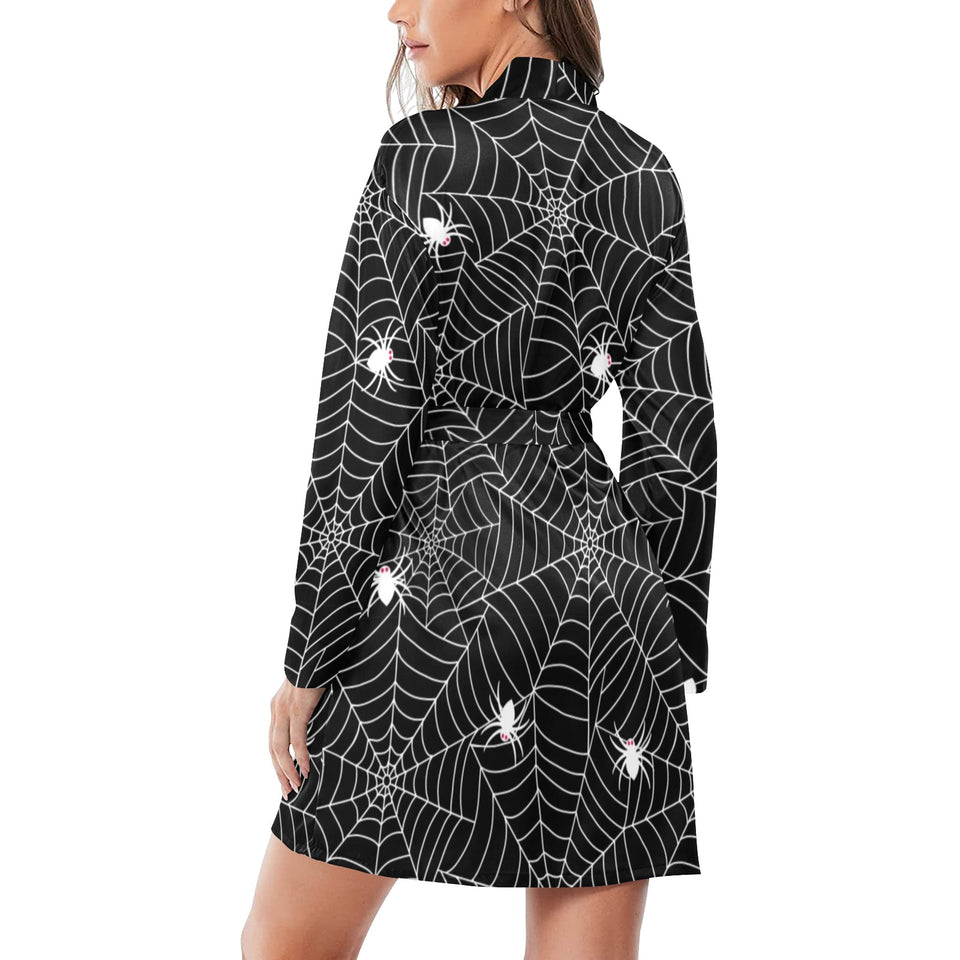 Spider web design pattern Black background white c Women's Long Sleeve Belted Night Robe
