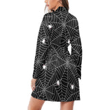Spider web design pattern Black background white c Women's Long Sleeve Belted Night Robe
