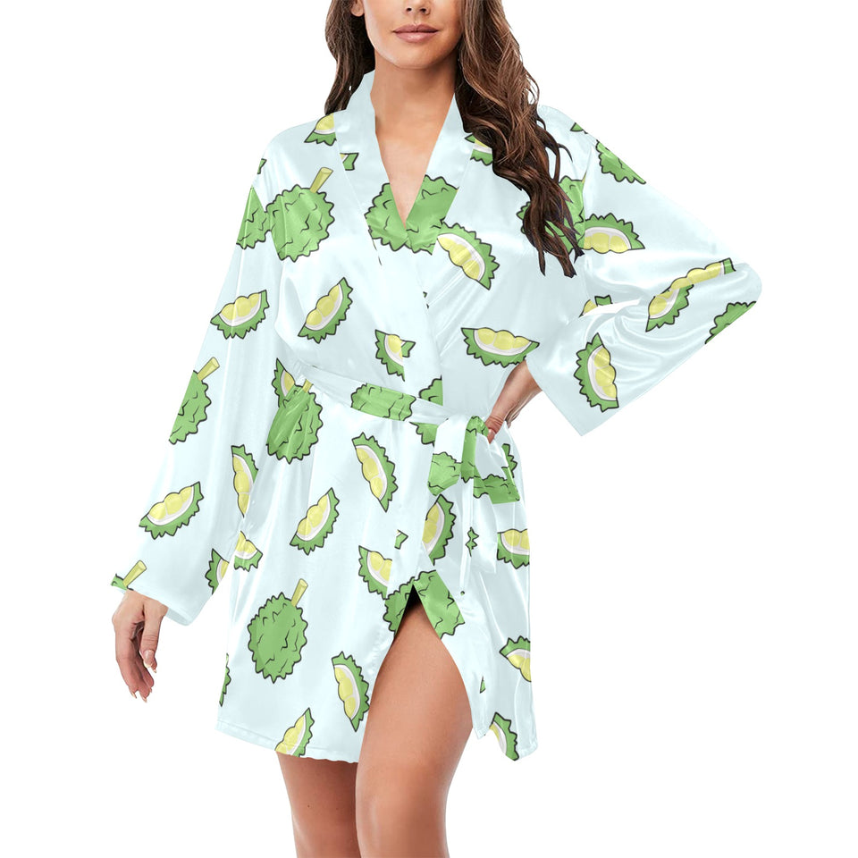 Durian pattern blue background Women's Long Sleeve Belted Night Robe