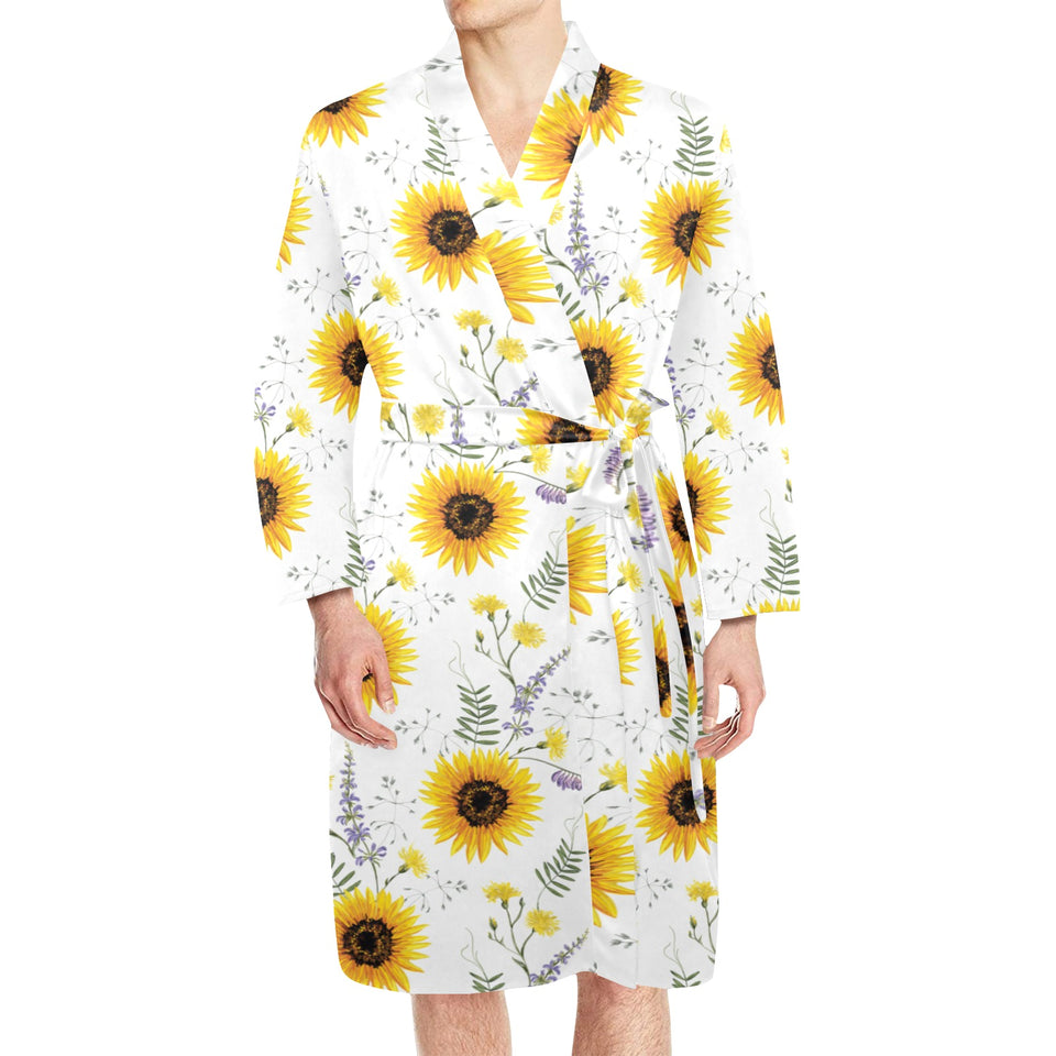 beautiful sunflowers pattern Men's Long Sleeve Belted Night Robe