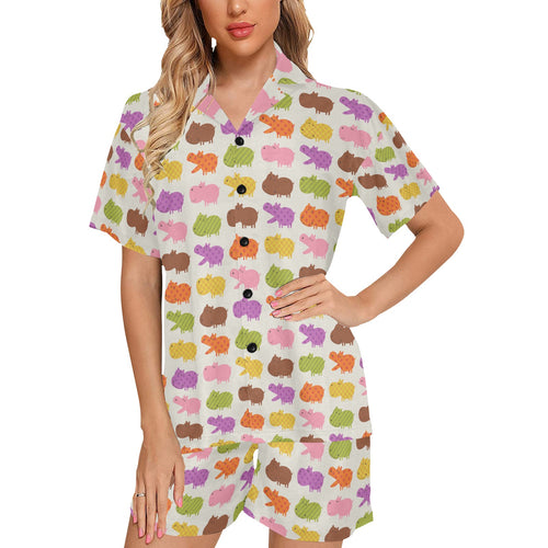 Hippopotamus Pattern Print Design 01 Women's V-Neck Short Pajama Set