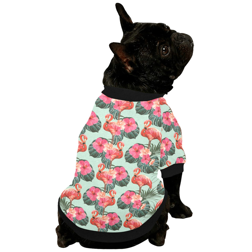 Beautiful flamingo tropical palm leaves hibiscus p All Over Print Pet Dog Round Neck Fuzzy Shirt