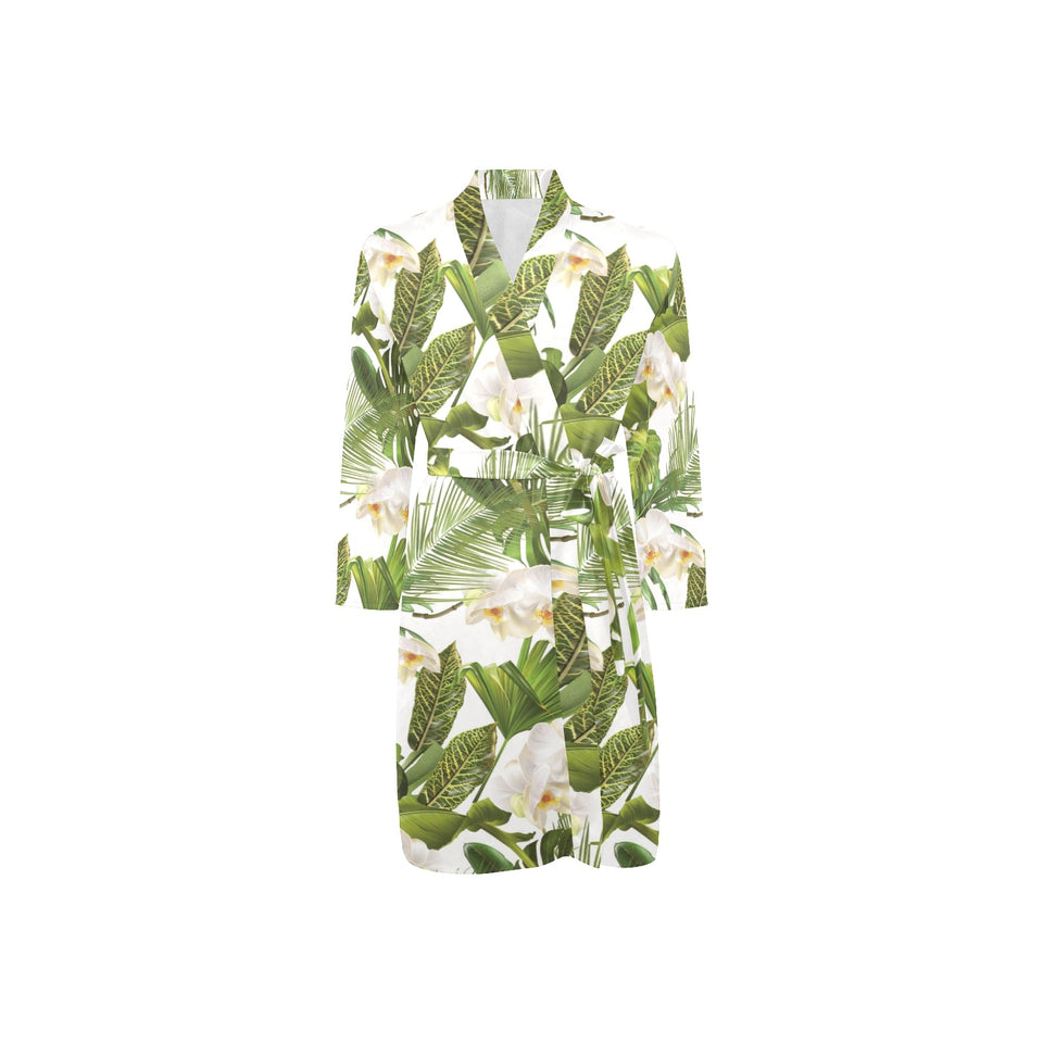 White orchid flower tropical leaves pattern Men's Long Sleeve Belted Night Robe