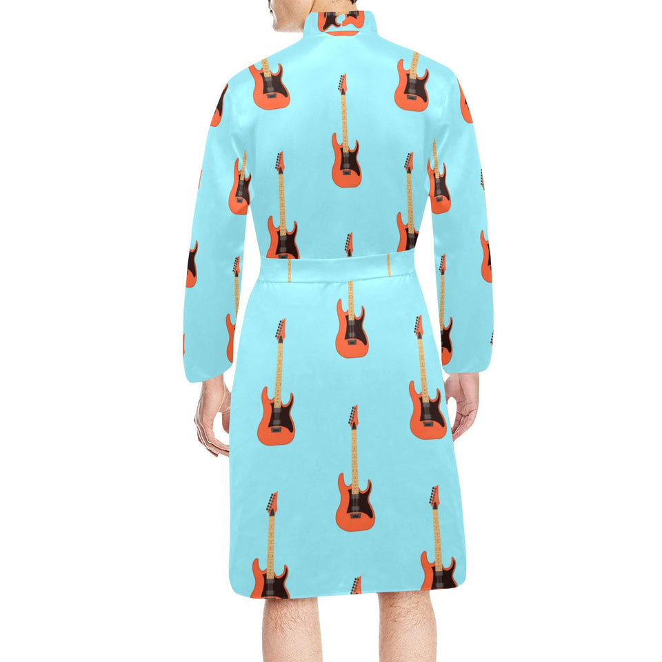 electric guitar pattern light blue background Men's Long Sleeve Belted Night Robe