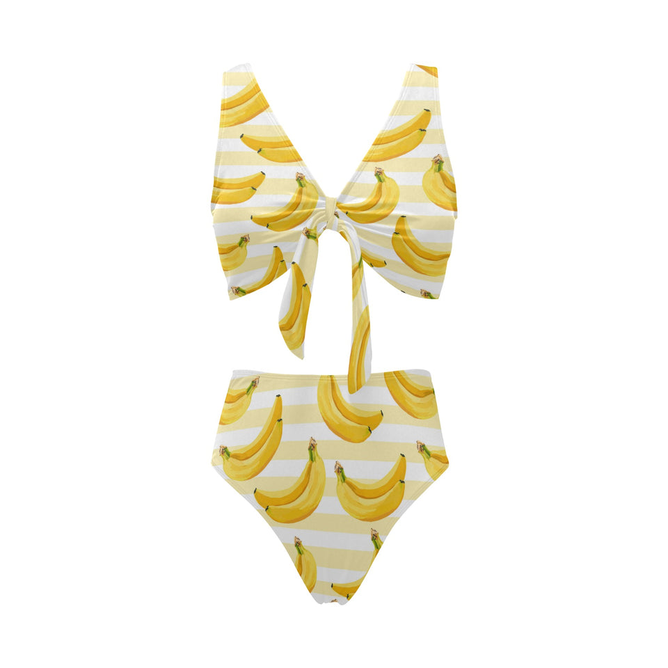 Banana pattern blackground Chest Bowknot High Waisted Bikini Swimsuit