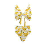 Banana pattern blackground Chest Bowknot High Waisted Bikini Swimsuit