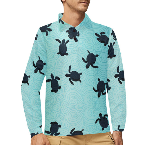 Sea turtle with blue ocean backgroud Men's Long Sleeve Polo Shirt