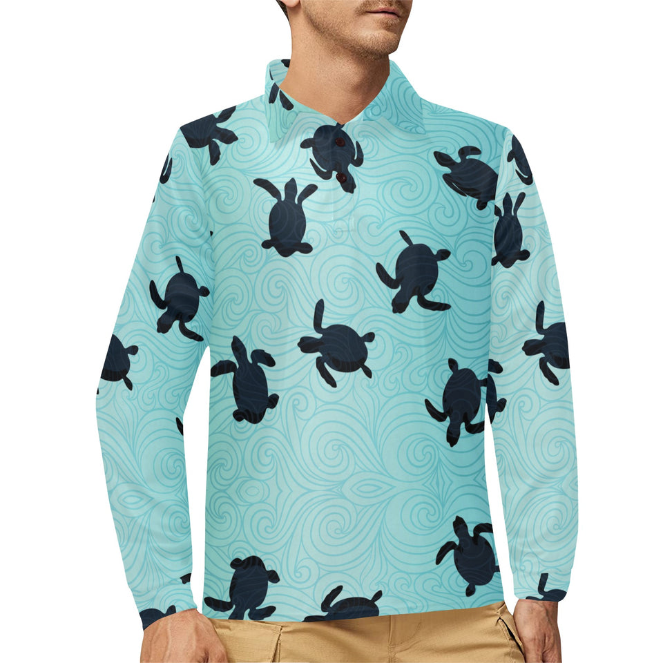 Sea turtle with blue ocean backgroud Men's Long Sleeve Polo Shirt