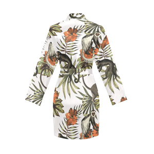 Monkey red hibiscus flower palm leaves floral patt Women's Long Sleeve Belted Night Robe