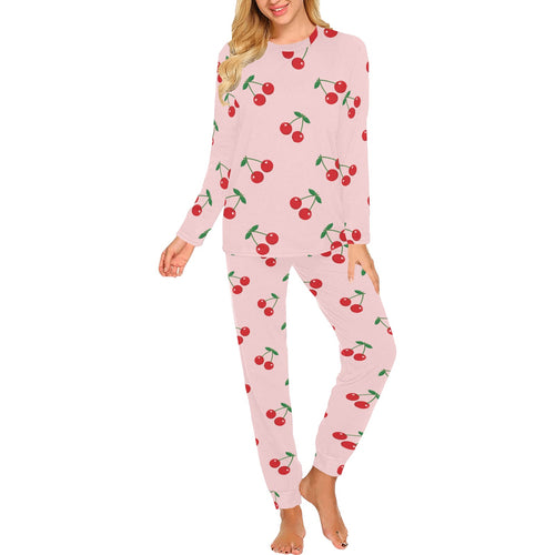 cherry pattern pink background Women's All Over Print Pajama Set