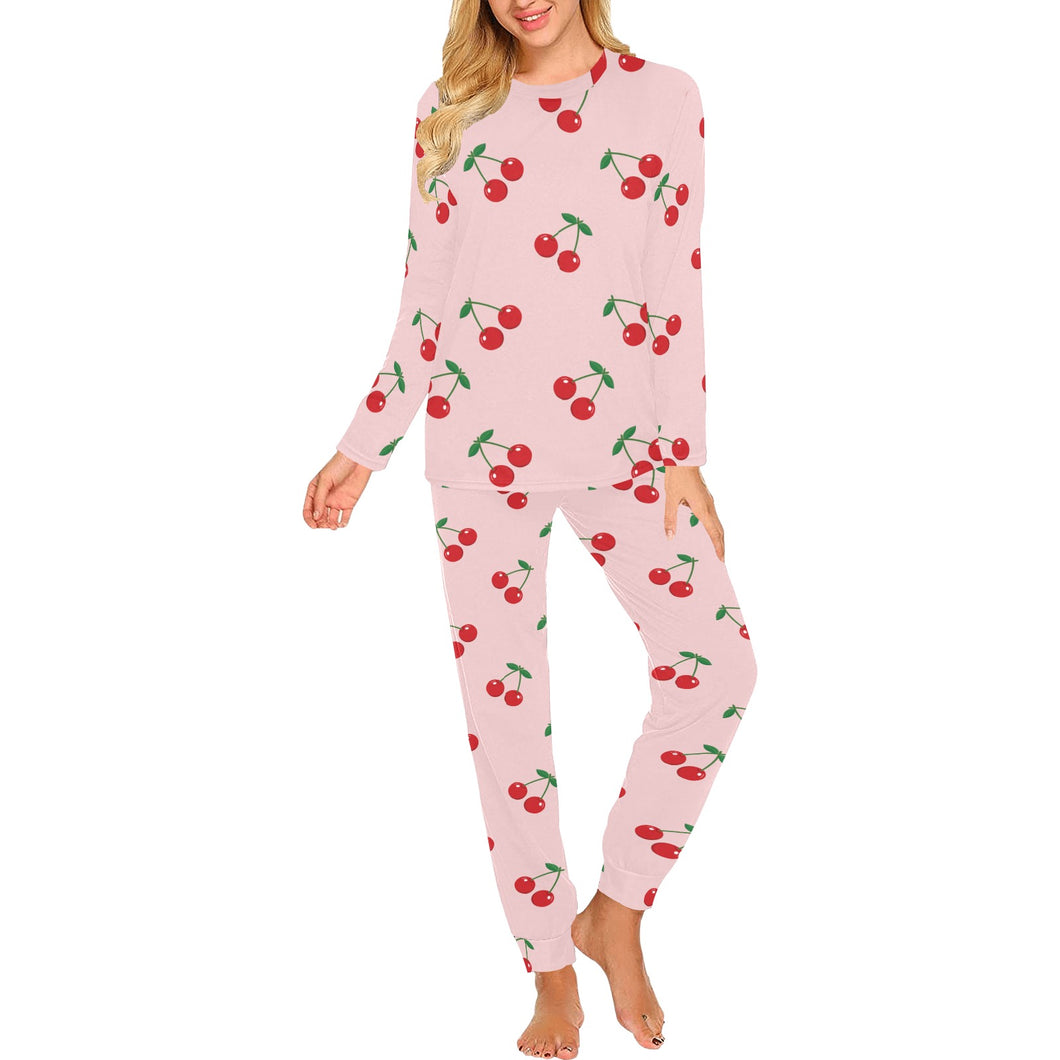 cherry pattern pink background Women's All Over Print Pajama Set
