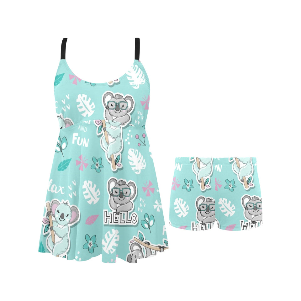 Cute koalas blue background pattern Chest Sexy Pleated Two Piece Swim Dress