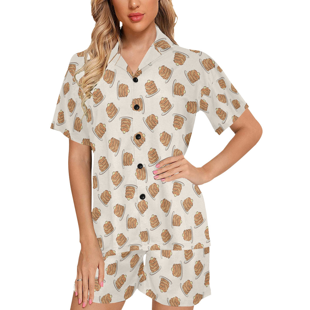 Pancake Pattern Print Design 01 Women's V-Neck Short Pajama Set