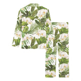 White orchid flower tropical leaves pattern Women's Long Pajama Set