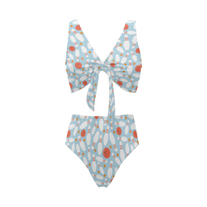 Bowling ball bowling pins blue blackground Chest Bowknot High Waisted Bikini Swimsuit