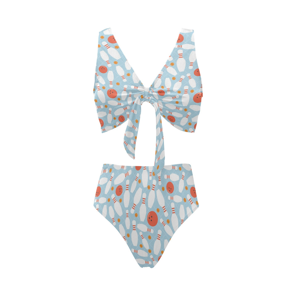 Bowling ball bowling pins blue blackground Chest Bowknot High Waisted Bikini Swimsuit