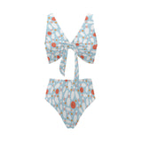 Bowling ball bowling pins blue blackground Chest Bowknot High Waisted Bikini Swimsuit