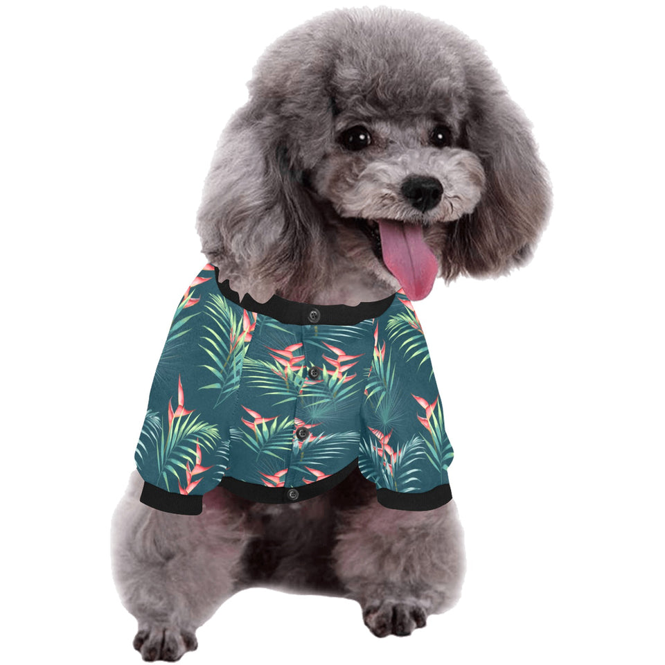 heliconia flowers, palm and monstera leaves on bla All Over Print Pet Dog Round Neck Fuzzy Shirt