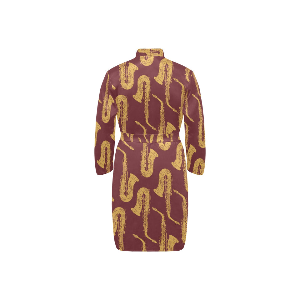 Hand drawn gold saxophone red background Men's Long Sleeve Belted Night Robe