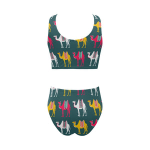Camel pattern Chest Bowknot High Waisted Bikini Swimsuit