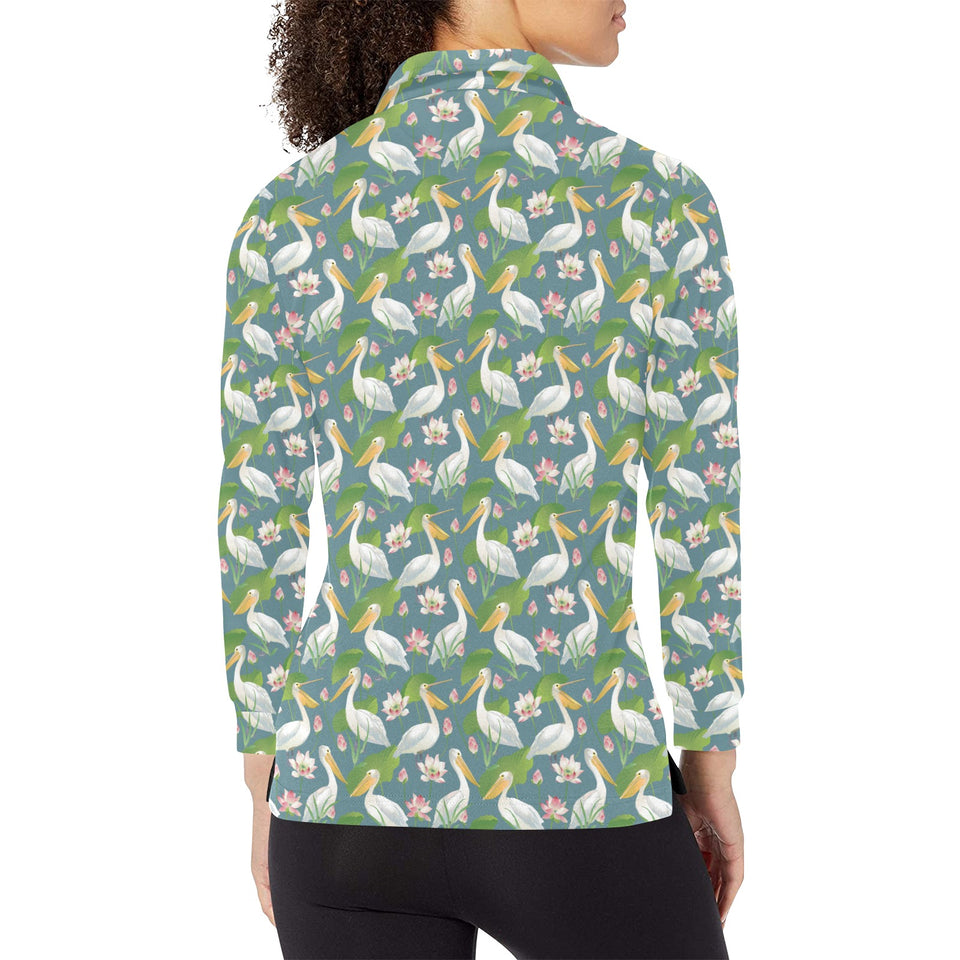 Pelican Pattern Print Design 04 Women's Long Sleeve Polo Shirt