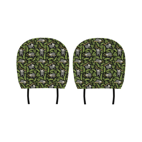 Cute sloths tropical palm leaves black background Car Headrest Cover