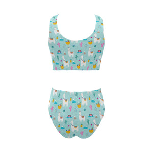 Llama alpaca cactus leaves pattern Chest Bowknot High Waisted Bikini Swimsuit