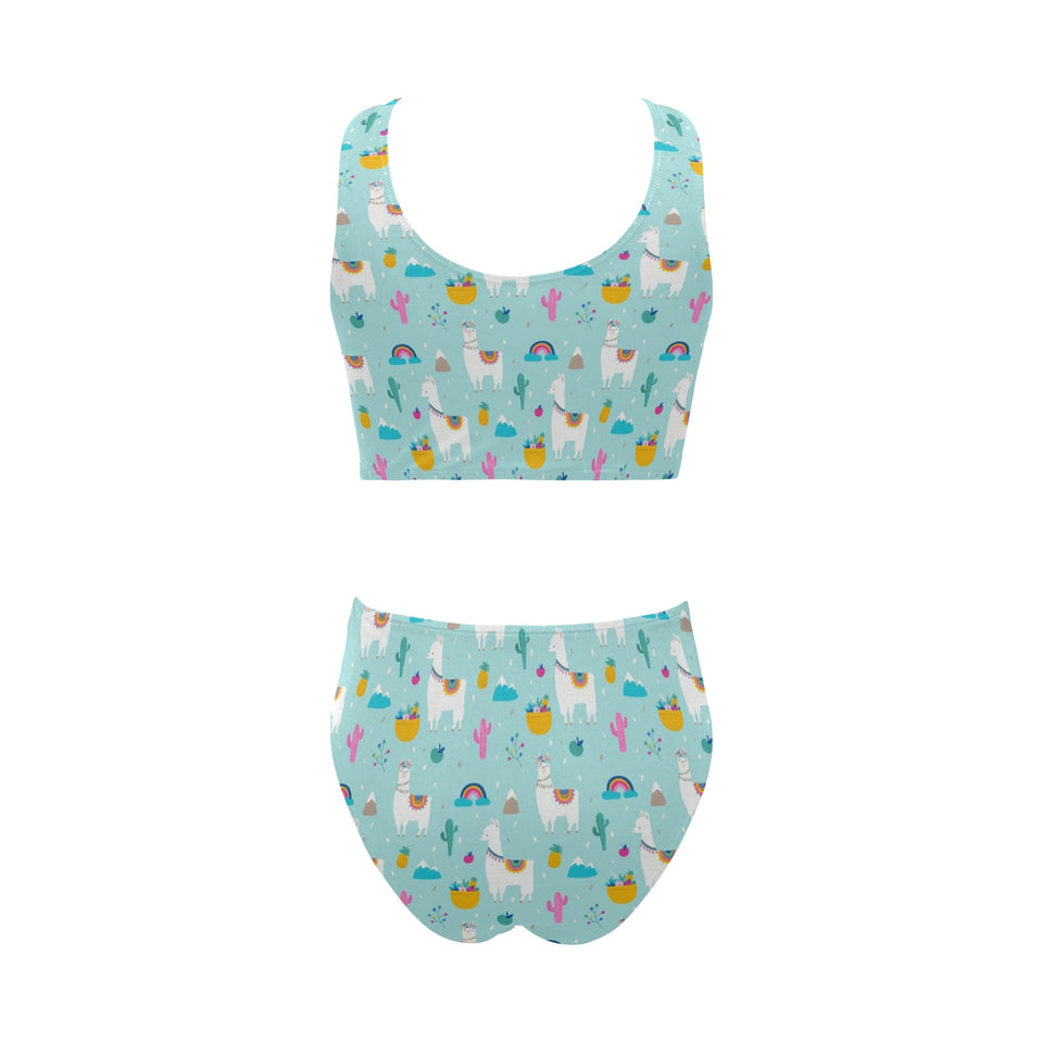 Llama alpaca cactus leaves pattern Chest Bowknot High Waisted Bikini Swimsuit