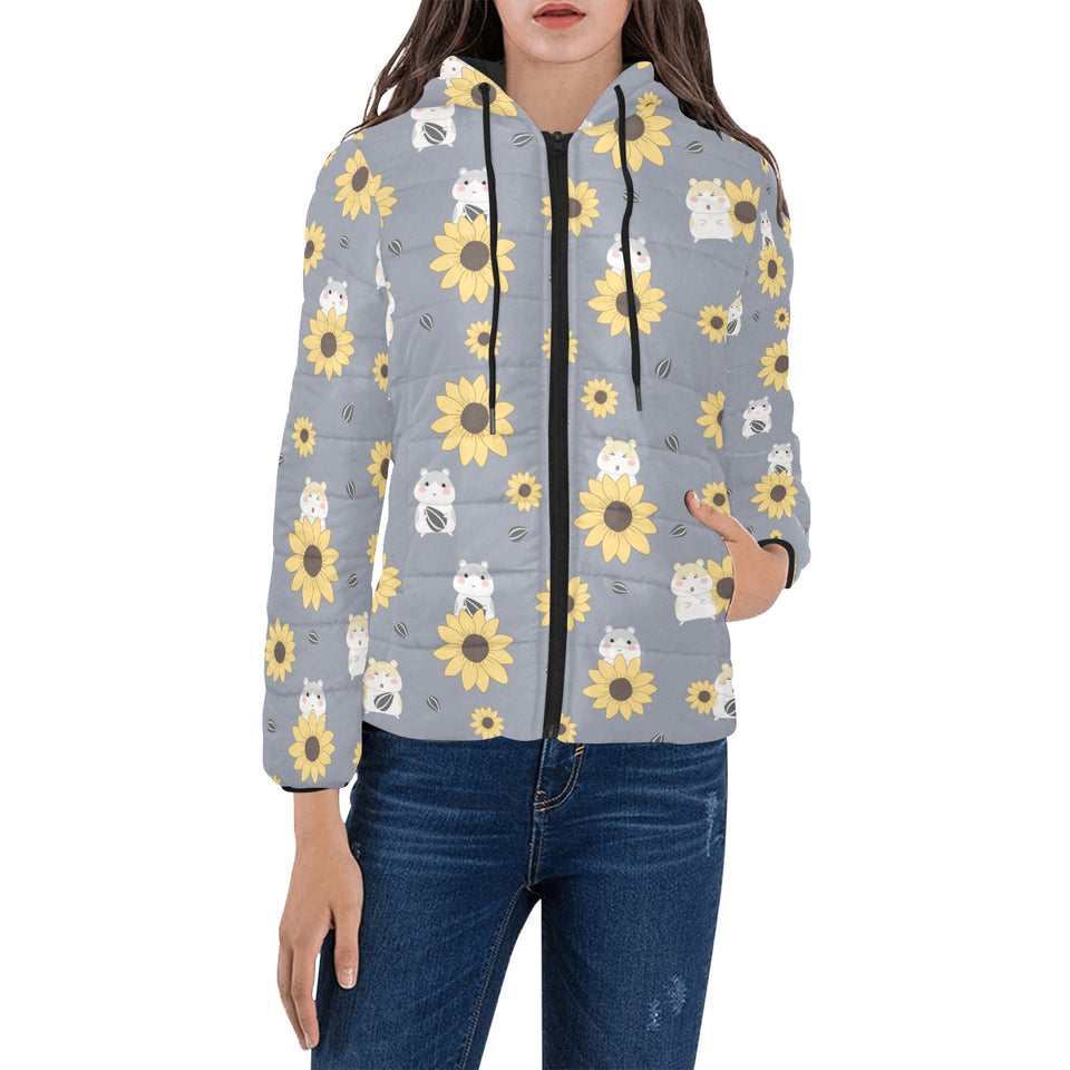 Cute hamster sunflower pattern background Women's Padded Hooded Jacket