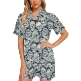 Sugar skull black white pattern Women's V-Neck Short Pajama Set