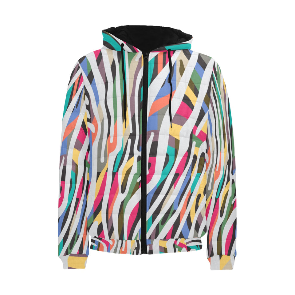 Colorful zebra skin pattern Men's Padded Hooded Jacket