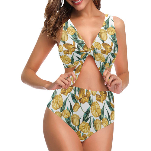 yellow tulips pattern Chest Bowknot High Waisted Bikini Swimsuit