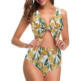 yellow tulips pattern Chest Bowknot High Waisted Bikini Swimsuit