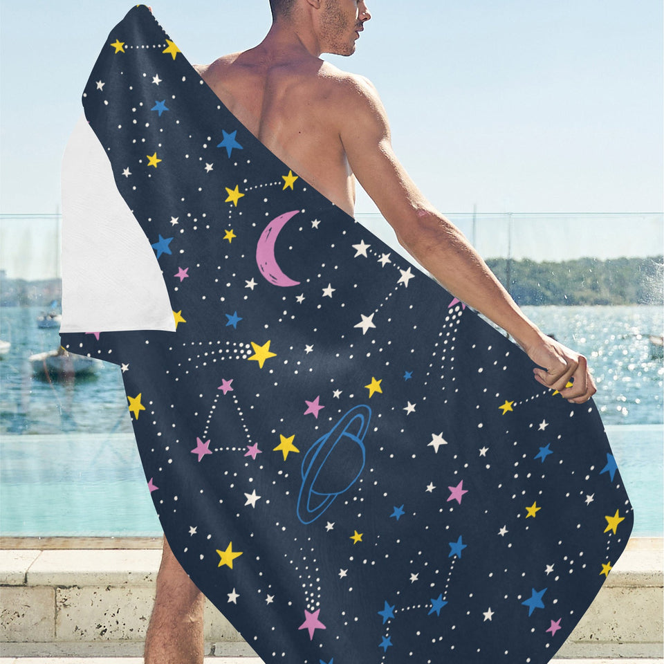 space pattern with planets, comets, constellations Beach Towel