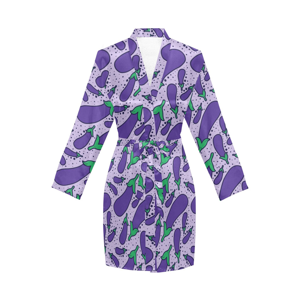 Eggplant Pattern Print Design 03 Women's Long Sleeve Belted Night Robe