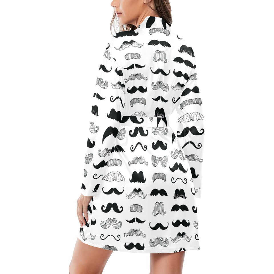 Mustache Beard Pattern Print Design 04 Women's Long Sleeve Belted Night Robe